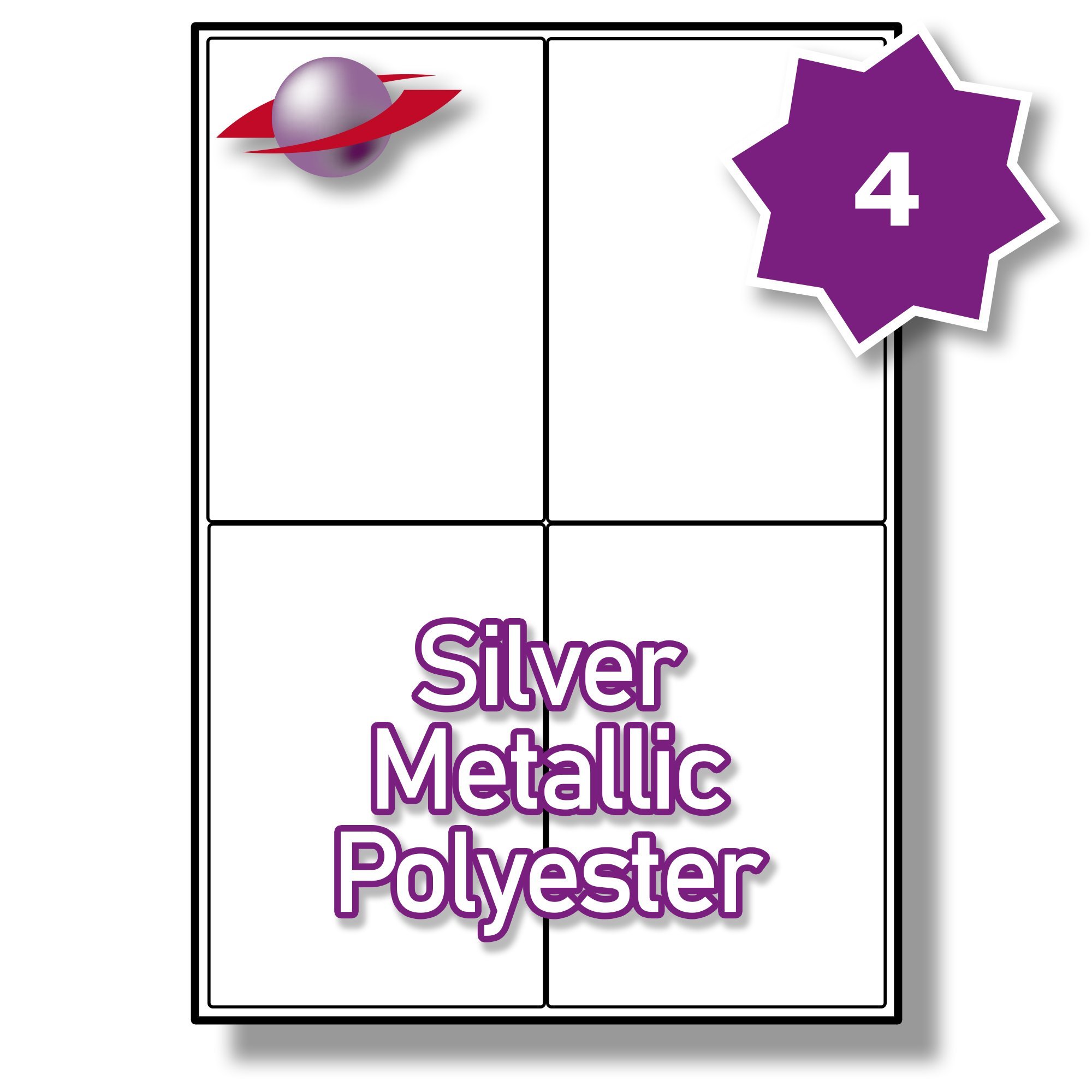 Label PlanetĀ® 4 Per Sheet, 10 Sheets (40 Silver MATT Polyester Labels). Waterproof Silver Matt Metallic Labels for Laser Printers, 99.1 x 139mm, LP4/99 SMP.
