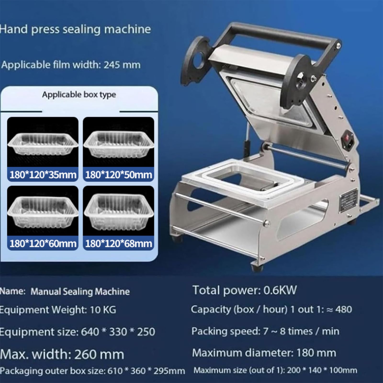 Máquina de envasado de alimentos para llevar, sellador manual de bandejas, 600 W, capacidad de producción: aprox. 480 cajas/h, rango de temperatura: 0-200 ℃, ideal para tiendas de delicatessens y