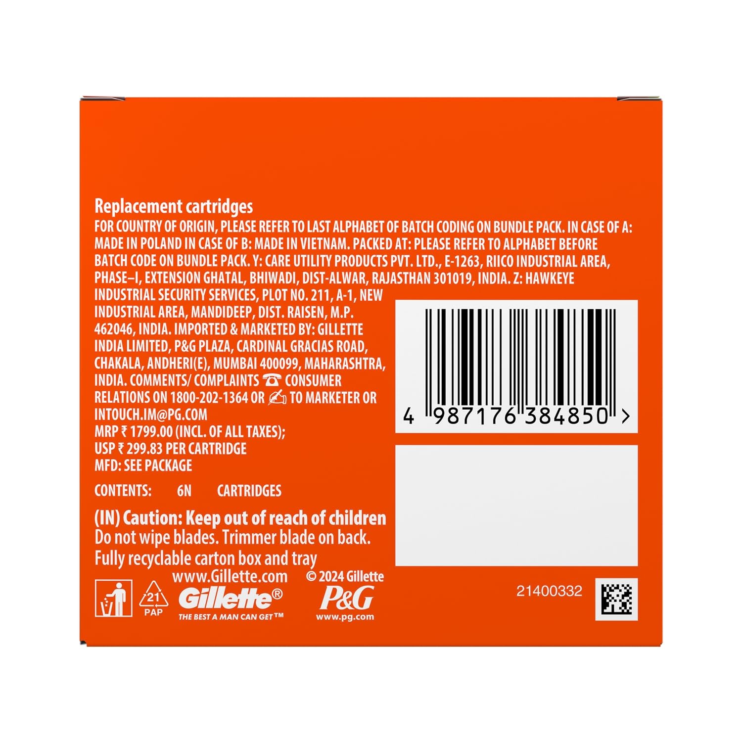 Gillette Fusion 5, Shaving Razor Blades For Men | 6 Cartridge, Value Pack | 6 Catridges Last Up-To 120 Shaves | For Your Perfect Shave And Perfect Beard Shape With Styling Back Blade 4