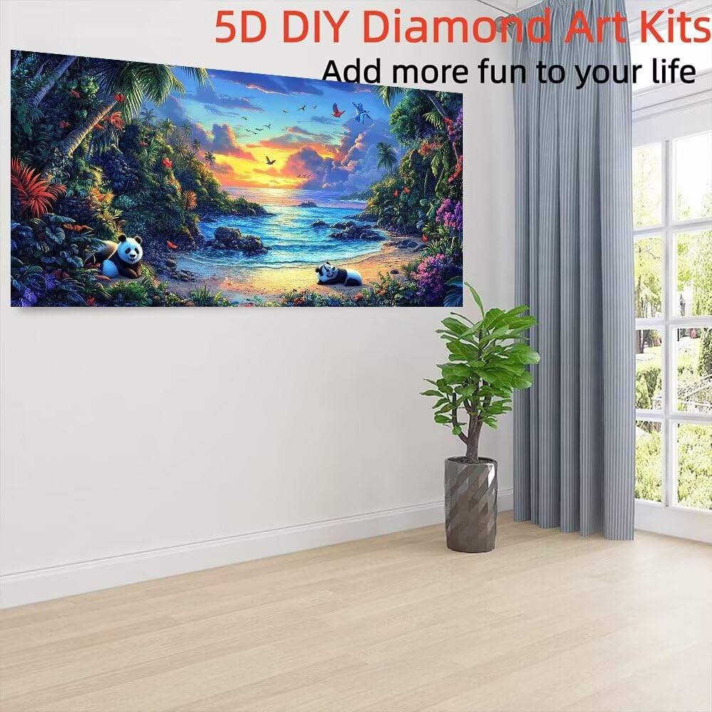 DIY Diament Malarstwo Dorosły Duży Format Panda, 5D Diament Malarstwo Piaskowa Plaża Dorosły XXL Ścieg krzyżykowy Cyrkonie Diament Obrazy, Diamentowe Malarstwo Rzemiosło ścienne do domu 60x120cm J0K