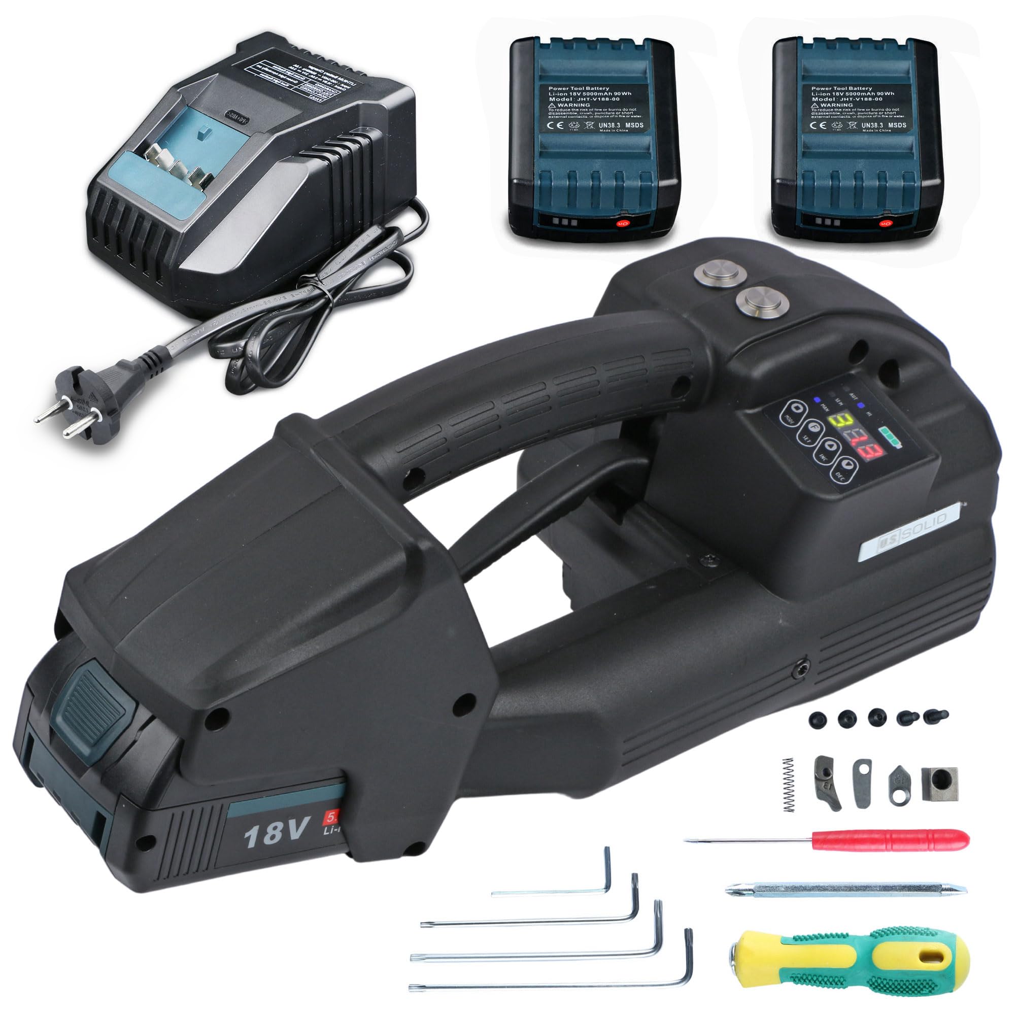 U.S. SOLID Machine de cerclage électrique avec 2 x 5000mAh batterie et écran LCD pour bandes PP PET de 12-16 mm, machine automatique de cerclage pour palettes en carton