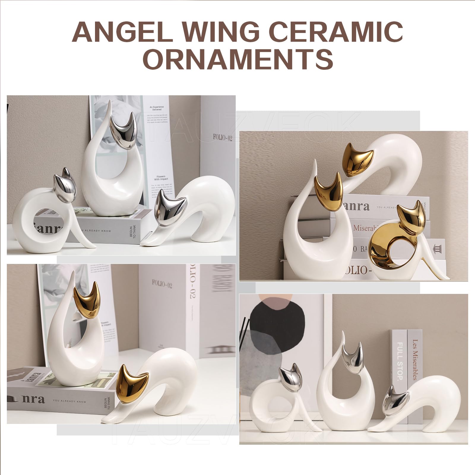 Statua di Gatto, sculture d'Arte Astratta Moderna, Scultura di Gatto per la Decorazione di Soggiorno, Ufficio, Camera da Letto, Ceramica, Gatto Fortunato,Gold Set