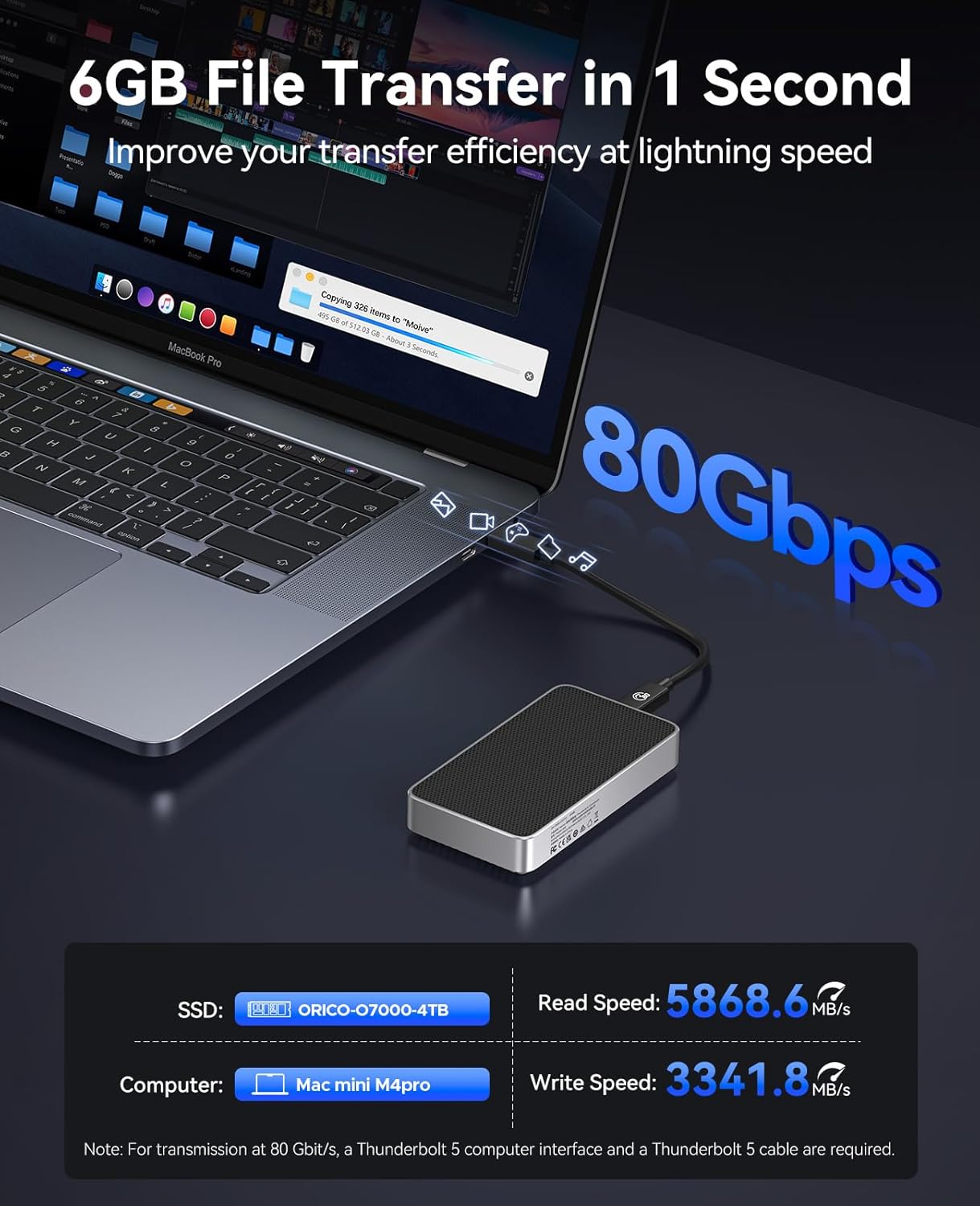 ORICO 80Gbps M.2 NVMe SSD Enclosure Silent Fanless Compatible with Thunderbolt 5/4/3/USB4 X50 Dual-chip USB3.2/3.1/3.0 M-Key/(M&B) Key NVMe SSDs up to 8TB Fanless Silent Cooling- X50PRO