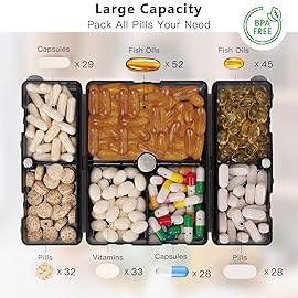 FYY Daily Pill Organizer,7 Compartments Portable Pill Case Travel Pill Organizer,[Folding Design] Large Pill Box for Purse Pocket to Hold Vitamins,Cod Liver Oil,Supplements and Medication-Clear Black