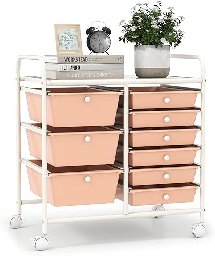 Miniatura 19 de LDAILY Carrito de almacenamiento con ruedas de 9 cajones, carrito rodante con cajones para aula, organizador de manualidades con ruedas con marco de