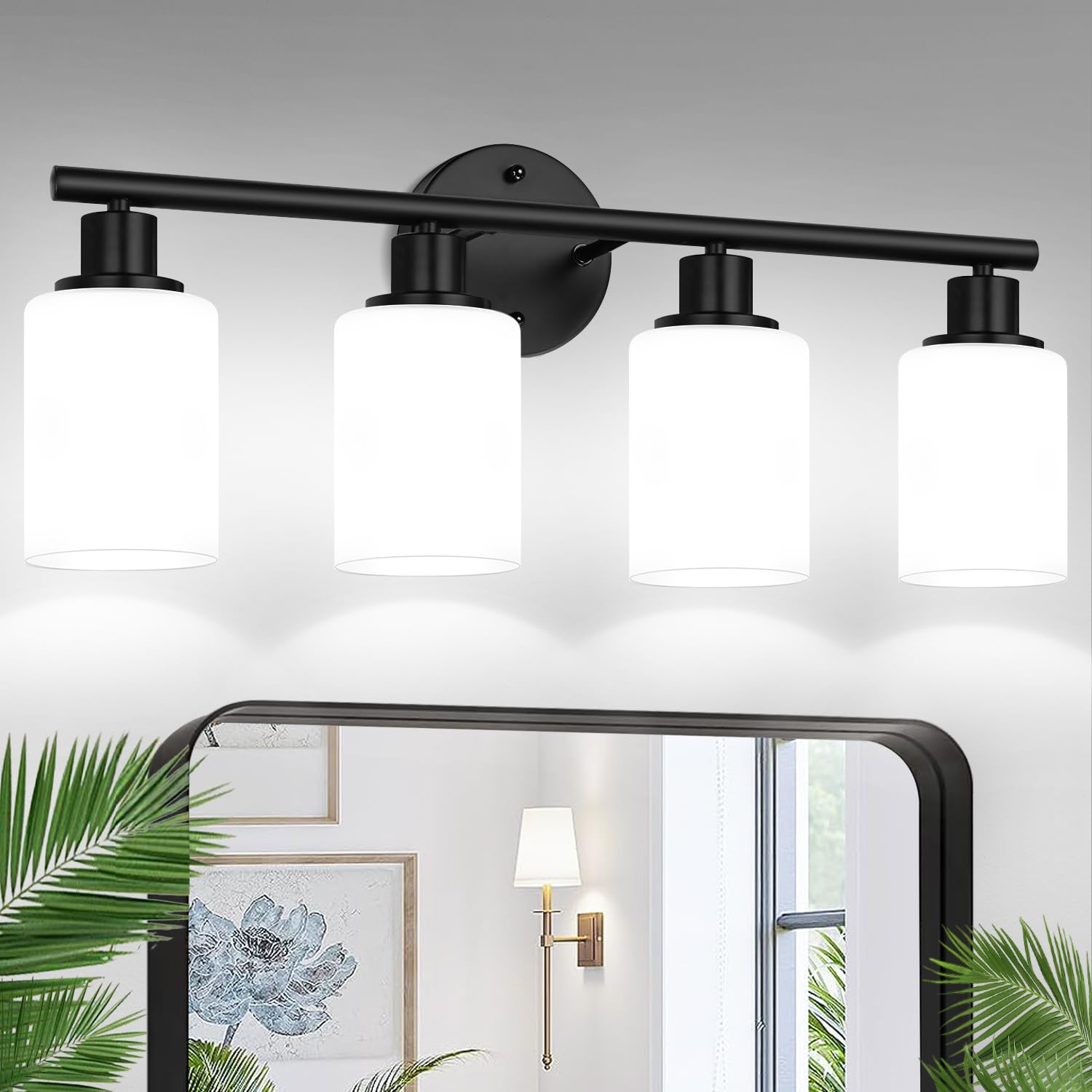 Zarbitta 4-Light Bathroom Light Fixtures, Black Modern Vanity Lights with Milky White Frosted Glass Shades, Bathroom Wall Lamp for Mirror Kitchen Living Room