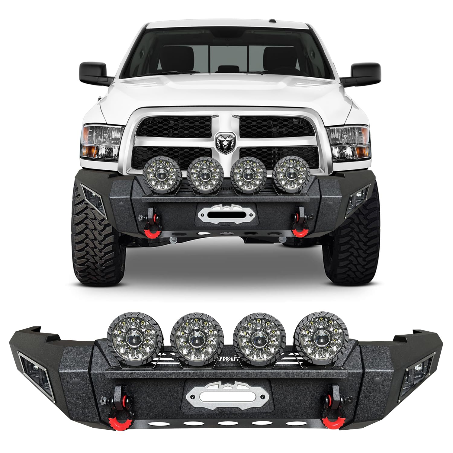 VOJEYD Front Bumper Compatible with 2010 2011 2012 2013 2014 2015 2016 2017 2018 Ram 2500/3500 Steel Textured Powder Coat w/4 66W Aluminum Lights & 4×