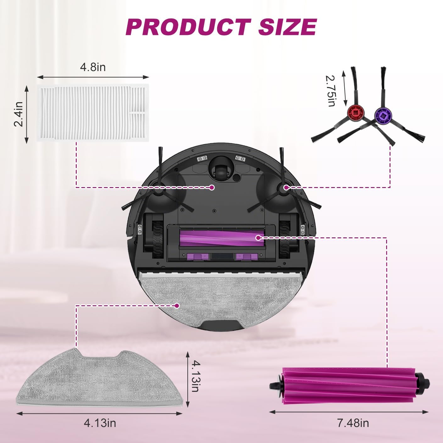 Replacement Parts for Eureka E20 Plus Robot Vacuum: Compatible with Eureka E10s Robot Vacuum Cleaner，2 Rubber Main Brushes,1 Brush,4 Hybrid Accessory Filters, 8 Side Brushes（15 Pack）