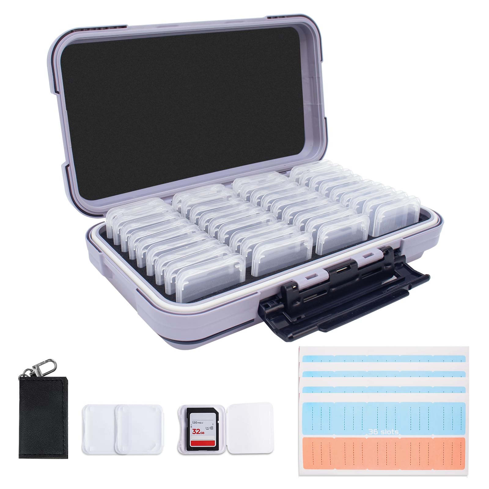 36-Slot Gray Memory Card Case with 36 Transparent Holders & 40 Writable Labels – SD Card Organizer & Storage Case for Camera Memory Cards