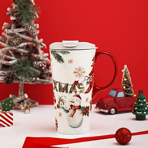 Miniatura 9 de TZSSP Taza de cerámica de café taza de Navidad Taza de té de porcelana con tapa en caja 17oz., Navidad