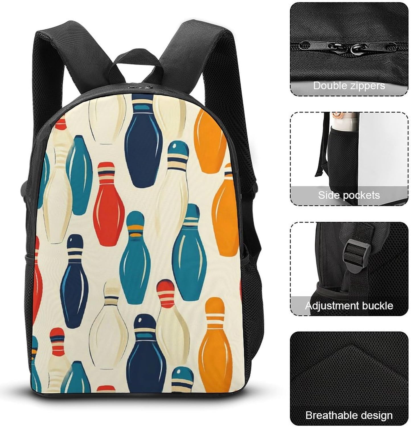 Colorful Bowling Pins Printed Backpack Sets 17 Inch image 3