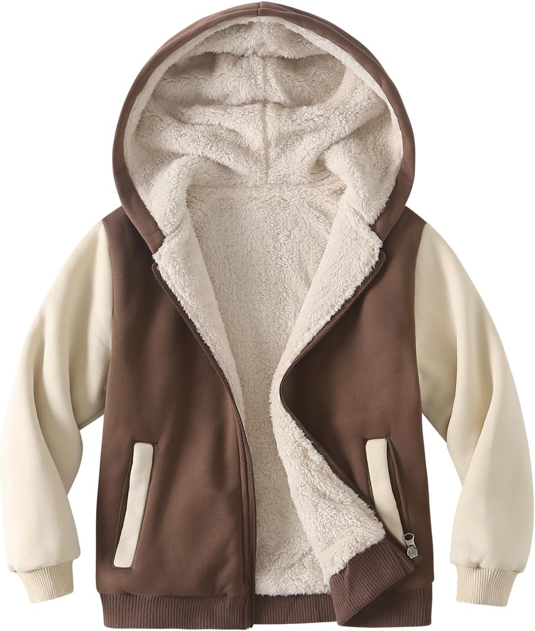 Kids Boys Zip-Up Hooded Sherpa Lined Jacket Fleece Sweatshirts Coat | Two Pockets,Ribbed Hem,Color Block Design,Spring Fall Winter Casual Warm Clothes,Soft School Daily Outwear for Tween 3-14Year