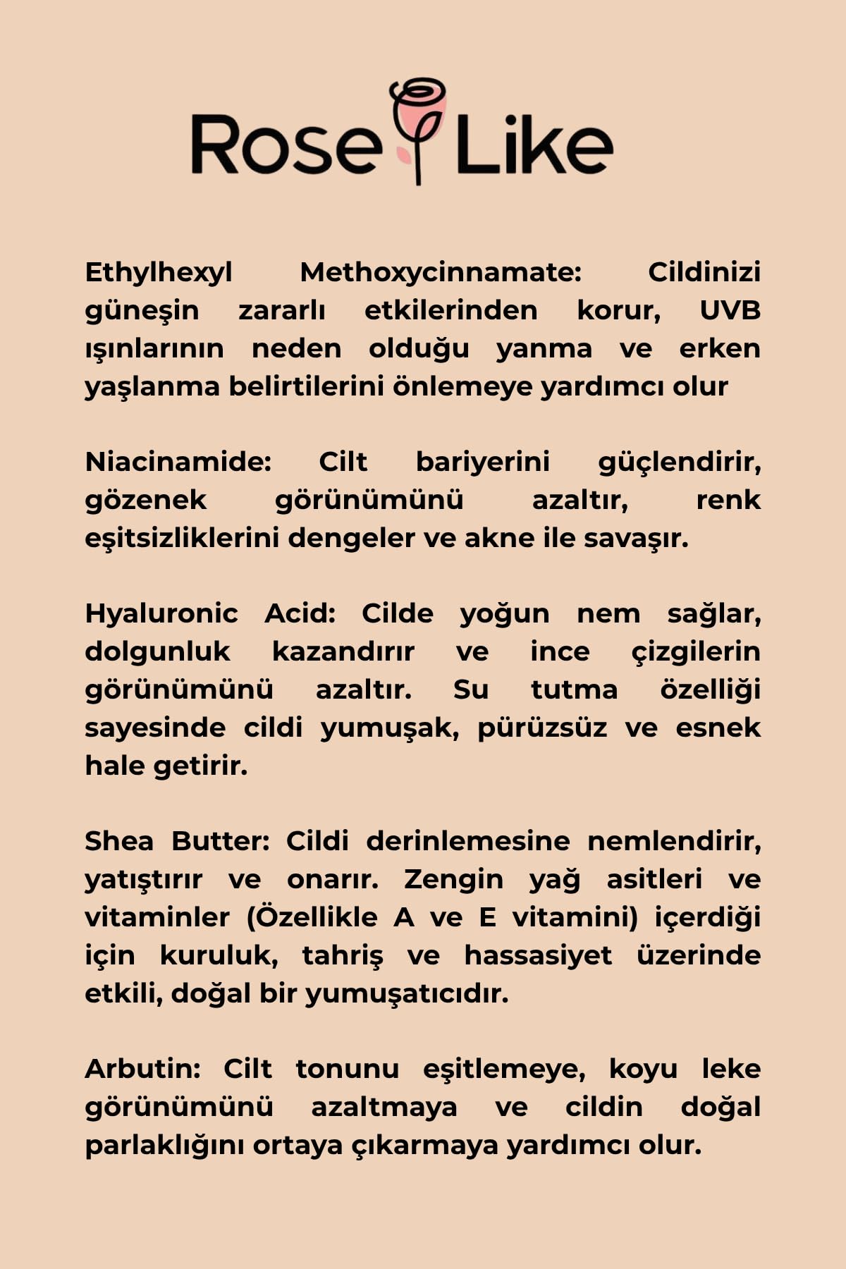 Rose Like Güneş Kremi SPF 50+, UVA ve UVB Korumalı, Hyaluronic Acid ve Arbutin İçerikli, Portakal Esanslı, 50 ml
