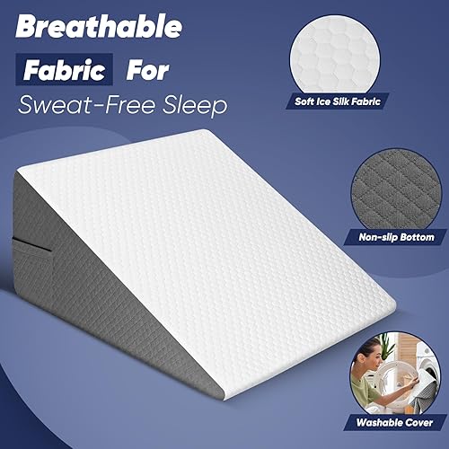 Miniatura 5 de Almohada de cuña de cama de 12 pulgadas para adultos mayores, almohada inclinada de espuma viscoelástica refrescante para dormir, leer y descansar,