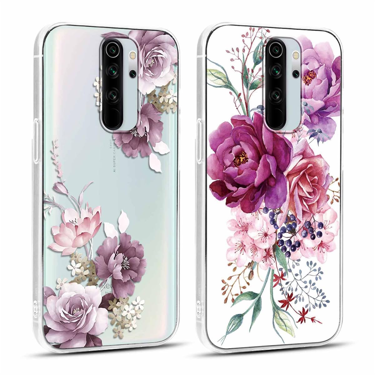 Yoedge 2 Cover Per Xiaomi Redmi Note 8 Pro - Silicone TPU Trasparente Con Fiori - Morbida Antiurto - 2