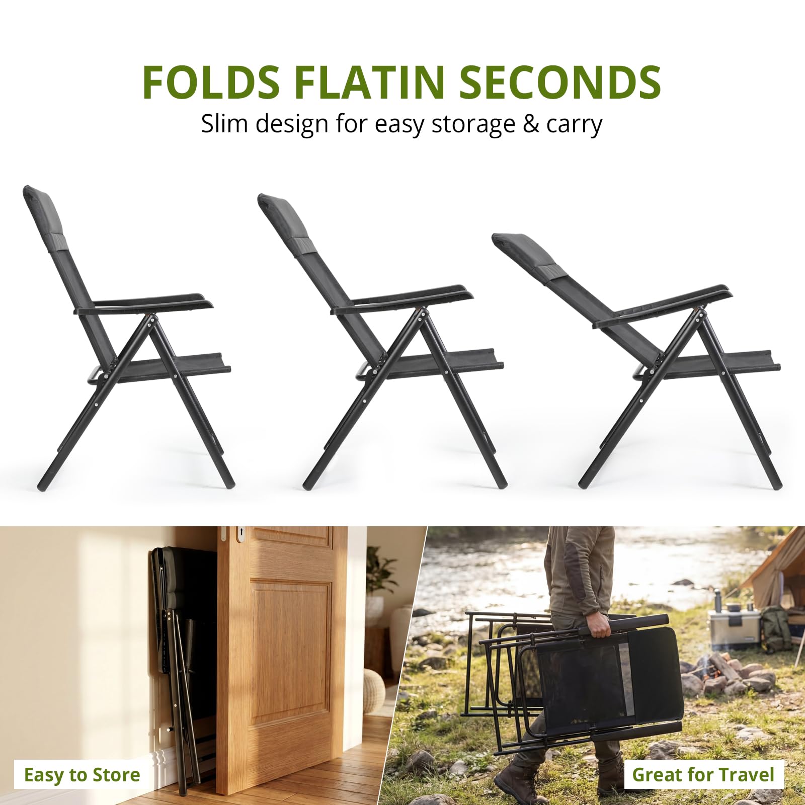 VOWNER Pack de 2 Sillas de Jardín Plegables – Silla Exterior con Respaldo Alto y Reposacabezas Extraíble – Sillones de Jardín de Textileno Transpirable y Metal – Ideal para Terraza, Balcónm, Negro