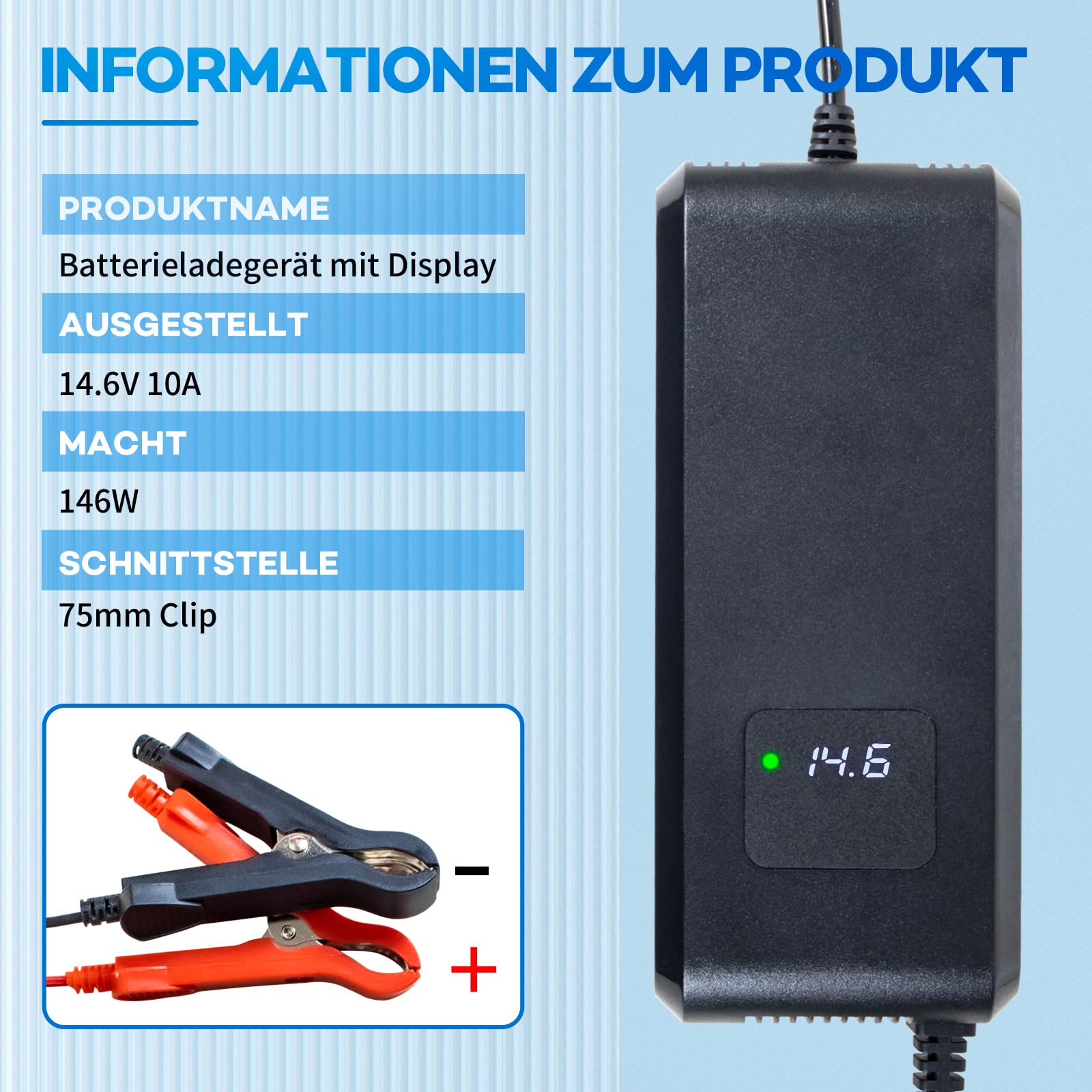 LiFePO4 - Cargador de batería de litio (14,6 V, 10 A, para 12 V/12,8 V, batería de fosfato de litio, 12 V, CA-CC, cargador para coche, caravana, marina y marina
