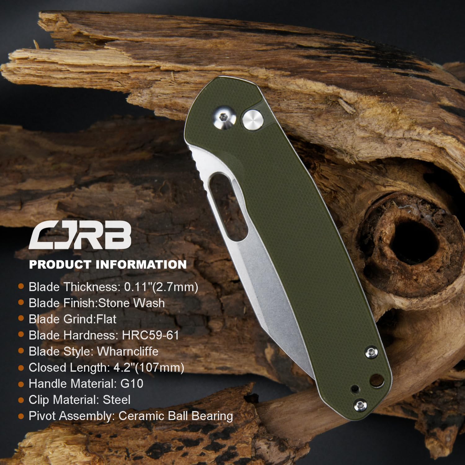 CJRB Pyrite-Alt (J1925A) Folding Pocket Knife, 3.11" Stonewash AR-RPM9 Steel Blade, Green G10 Handle, Manual Thumb Hole Open, Button Lock EDC Knife for Outdoor Hiking