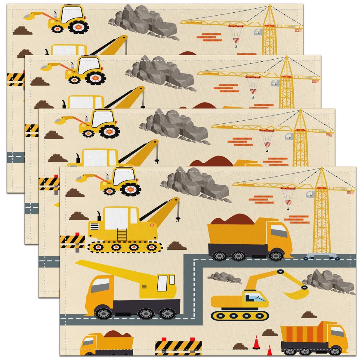 Homemissing Multicoloured 27 Equipment Construction Table Placemats - 45X30cm Excavator Tractor Washable Fabric - Yellow Kitchen & Dining Table Mats