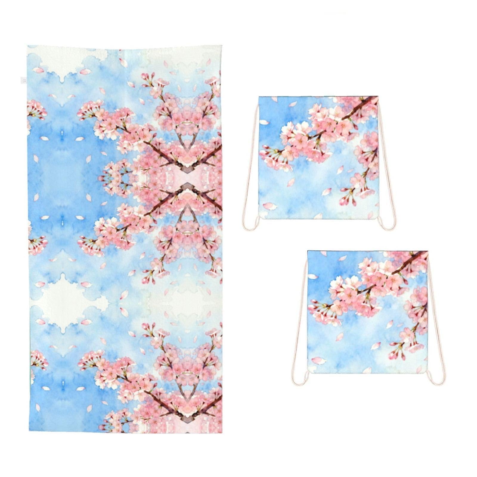 CNTDBU Spring Cherry Bloom 2 in 1 Packable Towel Bag-Large Beach Towel with Stuff Sack, Super Absorbent Microfiber Travel Towel for Pool