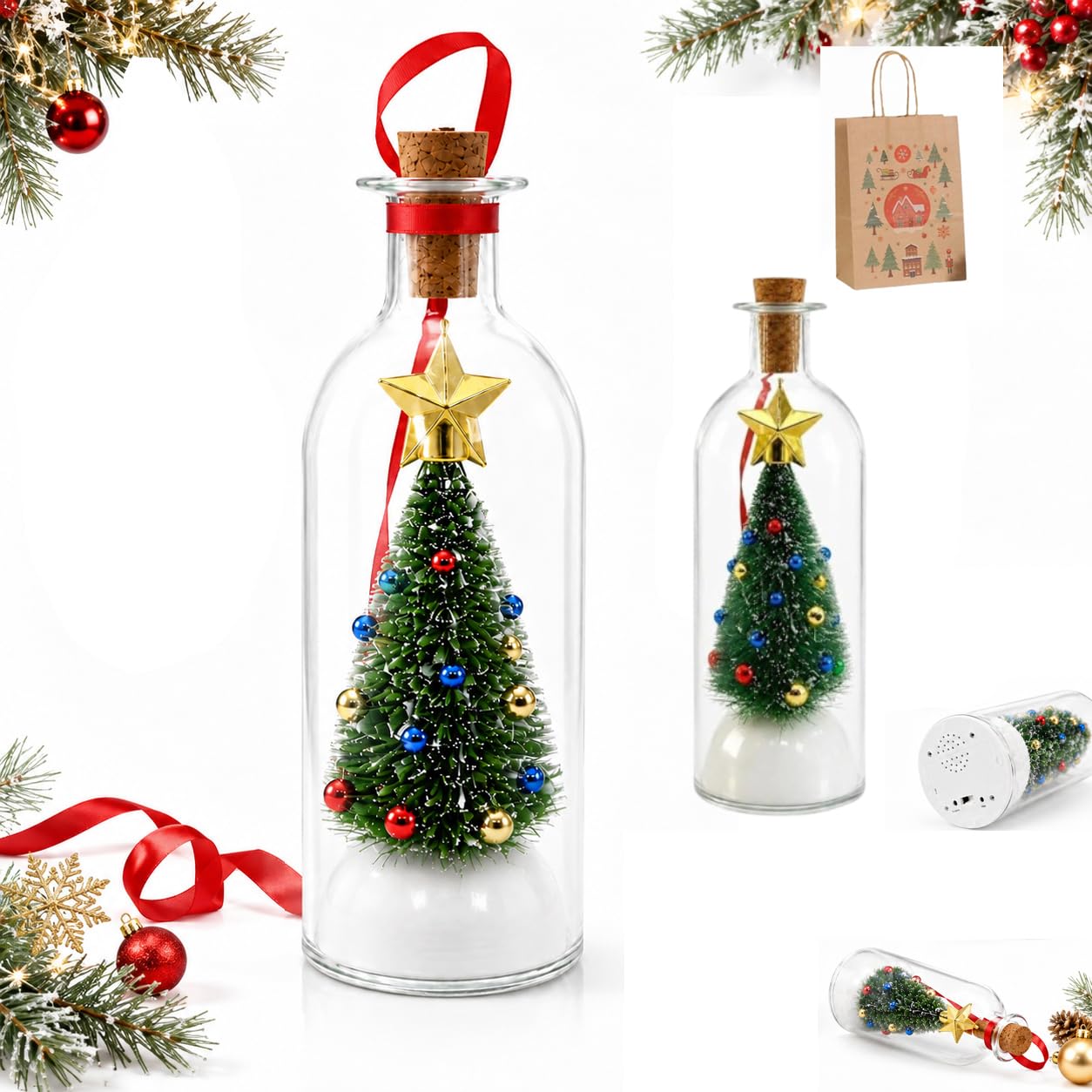 Riproduzione vocale con messaggio natalizio registrabile, confezione da 2 pezzi di ornamenti per albero di Natale in vetro con tappo in sughero, custodia per ricordi personalizzata per registrazione