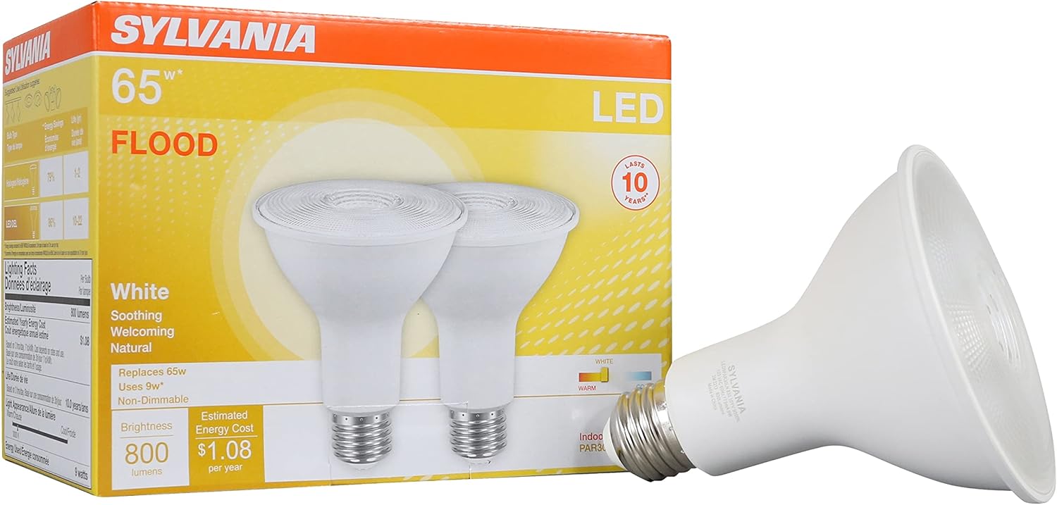 SYLVANIA LED PAR30 Flood Light Bulb, 65W = 9W, 10 Year, Non-Dimmable, 800 Lumens, 3000K, Warm White – 2 Pack (79280) 2 Count (Pack of 1) 65W PAR30LN