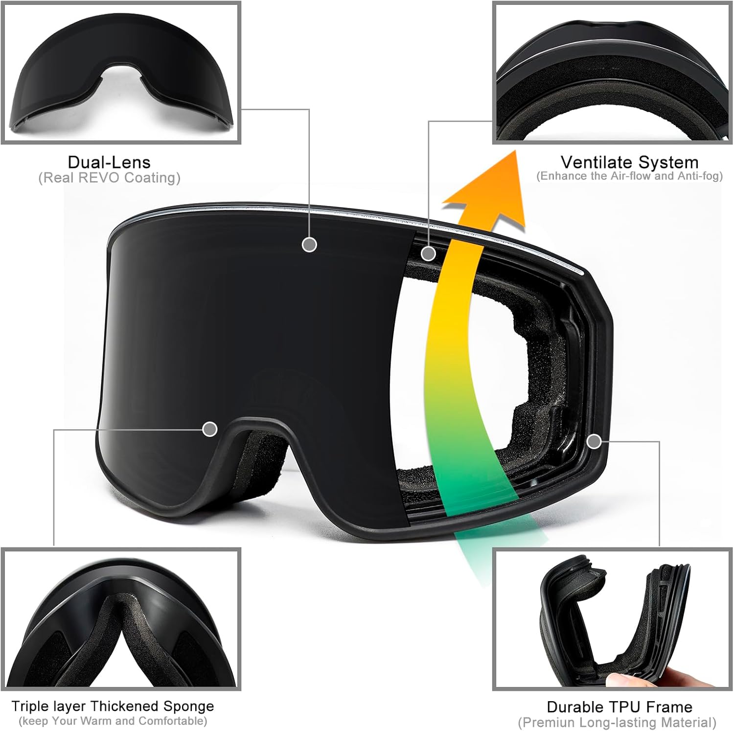 AVV OTG Ski Goggles Anti Fog UV400 Protection - Helmet Compatible for Men Women Youth Snow Sports - Image 3