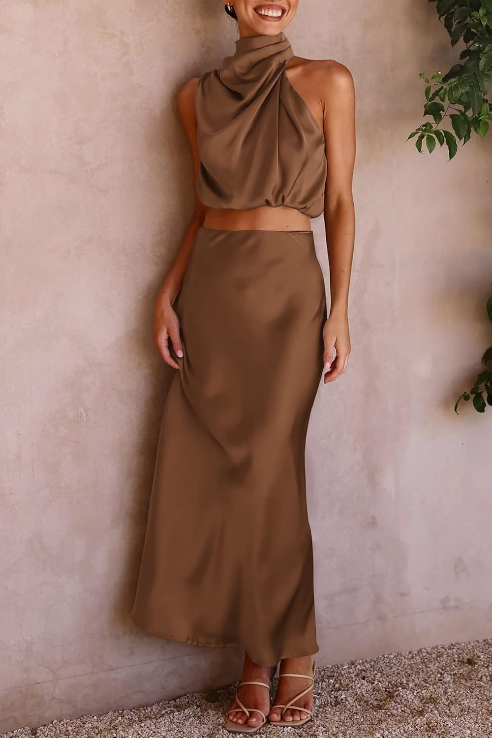 PRETTYGARDEN Women's 2 Piece Satin Outfits Summer Sleeveless Mock Neck Crop Tops and Long Skirt Dress Sets - Image 5