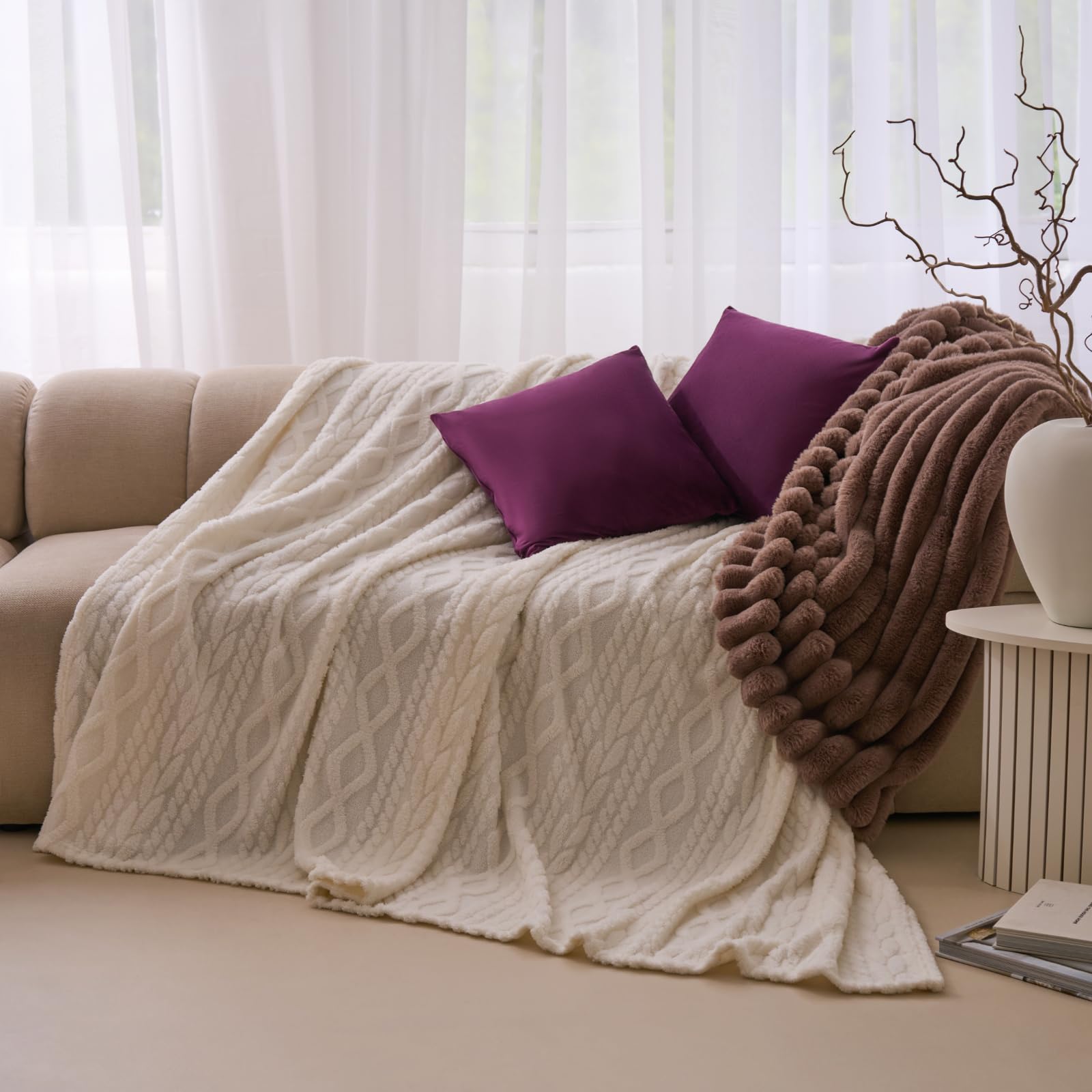 OHS Fleece Blanket Extra Large Size Soft Cosy Cable Knit Throw Blanket Over Sofa Couch Lightweight Fluffy Warm Bed Throw Large Blankets for Women Men Kids, Cream - 230 x 270cm