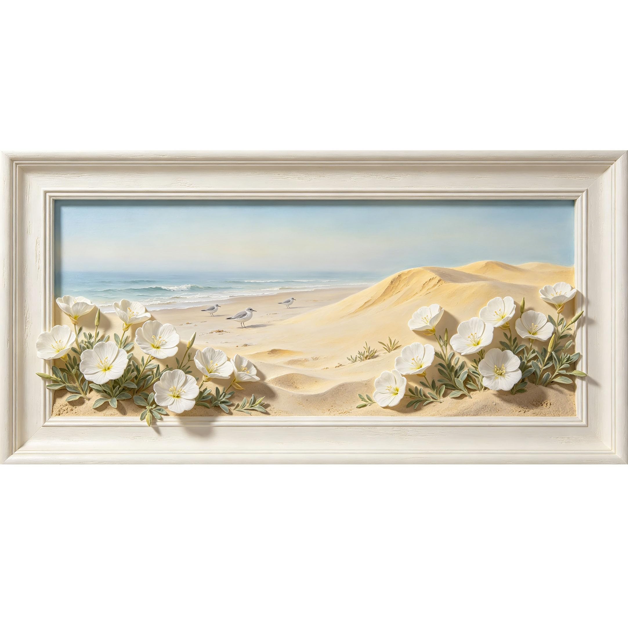 Agglomerix 3D Framed Wall Art Coastal Beach Dunes Seaside White Flowers Ocean Waves Seagulls Large Size Self-Adhesive Removable Wall Decor Prints Artwork for Living Room Bedroom Office