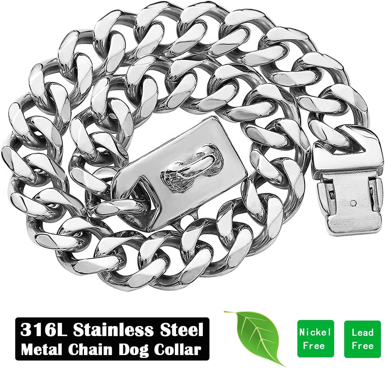Silver Metal Dog Chain Collar with Design Secure Buckle & ID Tag,Pet Necklace,Strong Stainless Steel Cuban Link Chain,Chew Proof Indestructible Choke Walking Collar for Medium Dogs(19MM 16'')