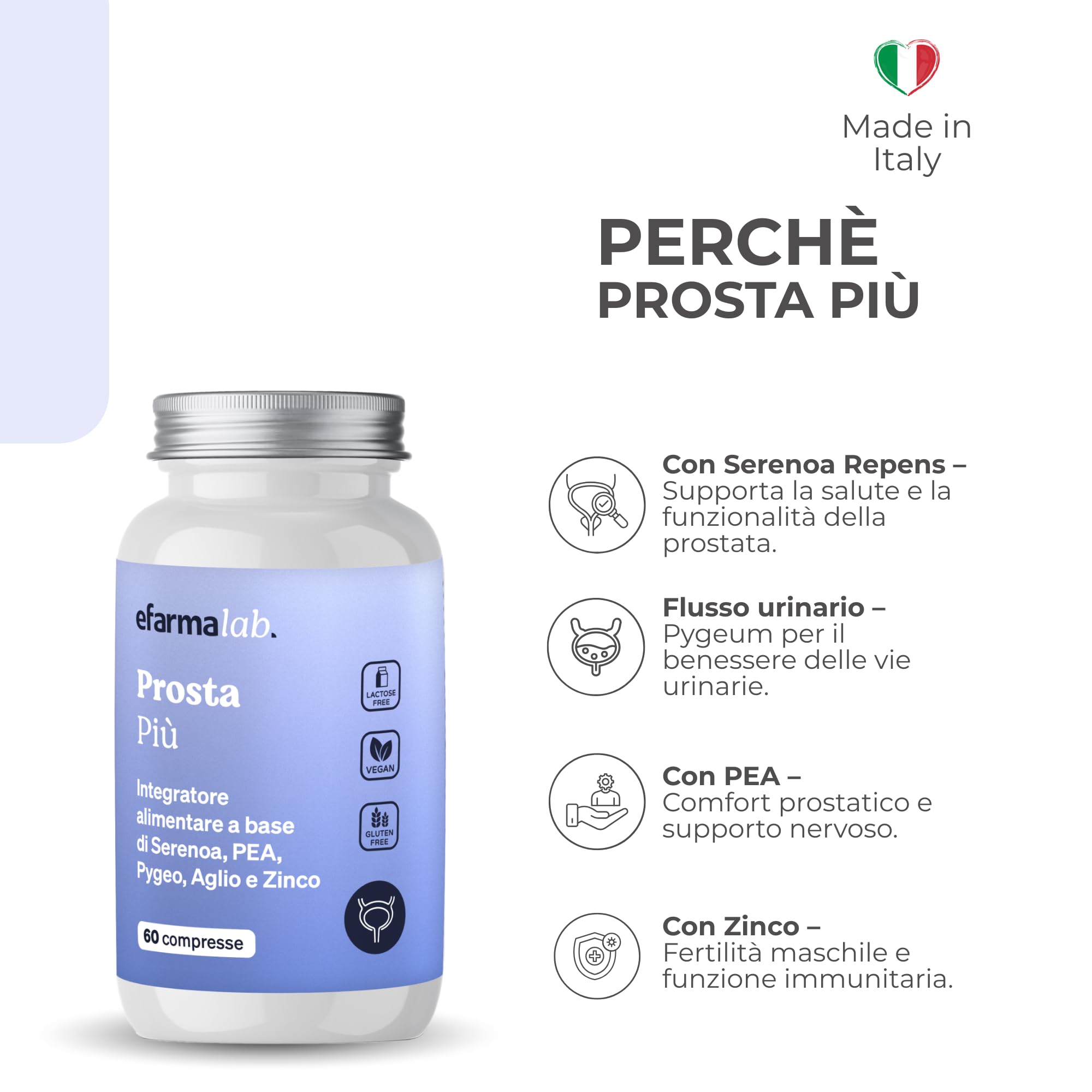 eFarmaLab Prosta Più Integratore per la Prostata con Serenoa Repens, Pygeum, PEA e Zinco | Benessere Prostatico e Urinario | 60 Compresse | Made in Italy