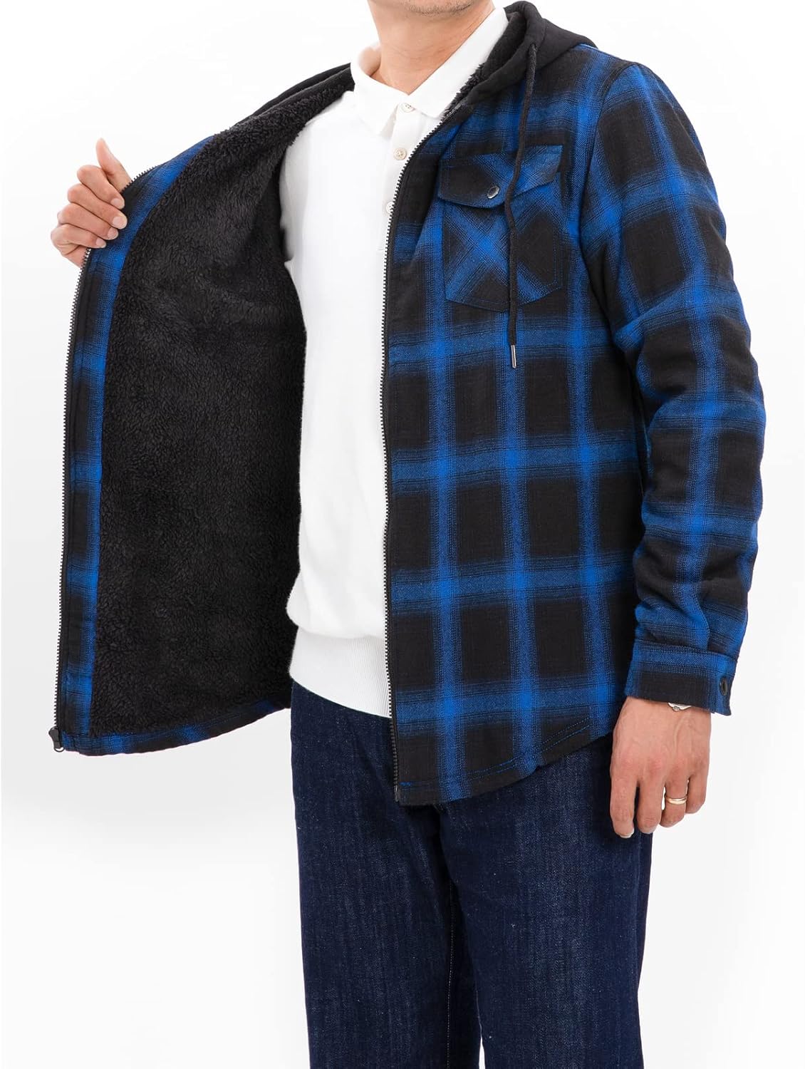 ZENTHACE Men's Sherpa Lined Full Zip Hooded Plaid Shirt Jacket