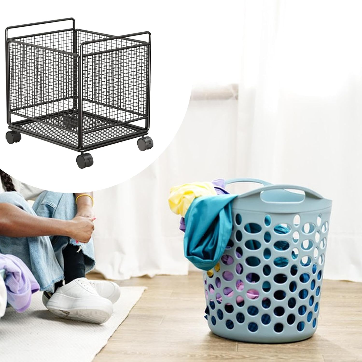 Laundry Basket Cart, Dirty Clothes Basket, Practical Metal Wire Rolling Laundry Hamper for Household Bedroom Bathroom, Black, M