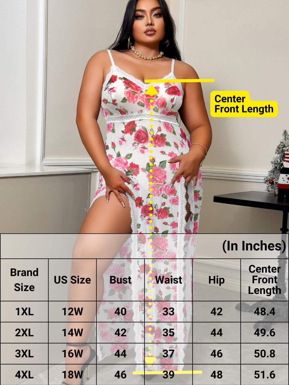 ChiaoLezhee Ditsy Floral Lingerie Dress, Nightgowns For Curvy Women, Fit 1XL-4XL, Plus Size High Slit Sexy Chemises Negligees