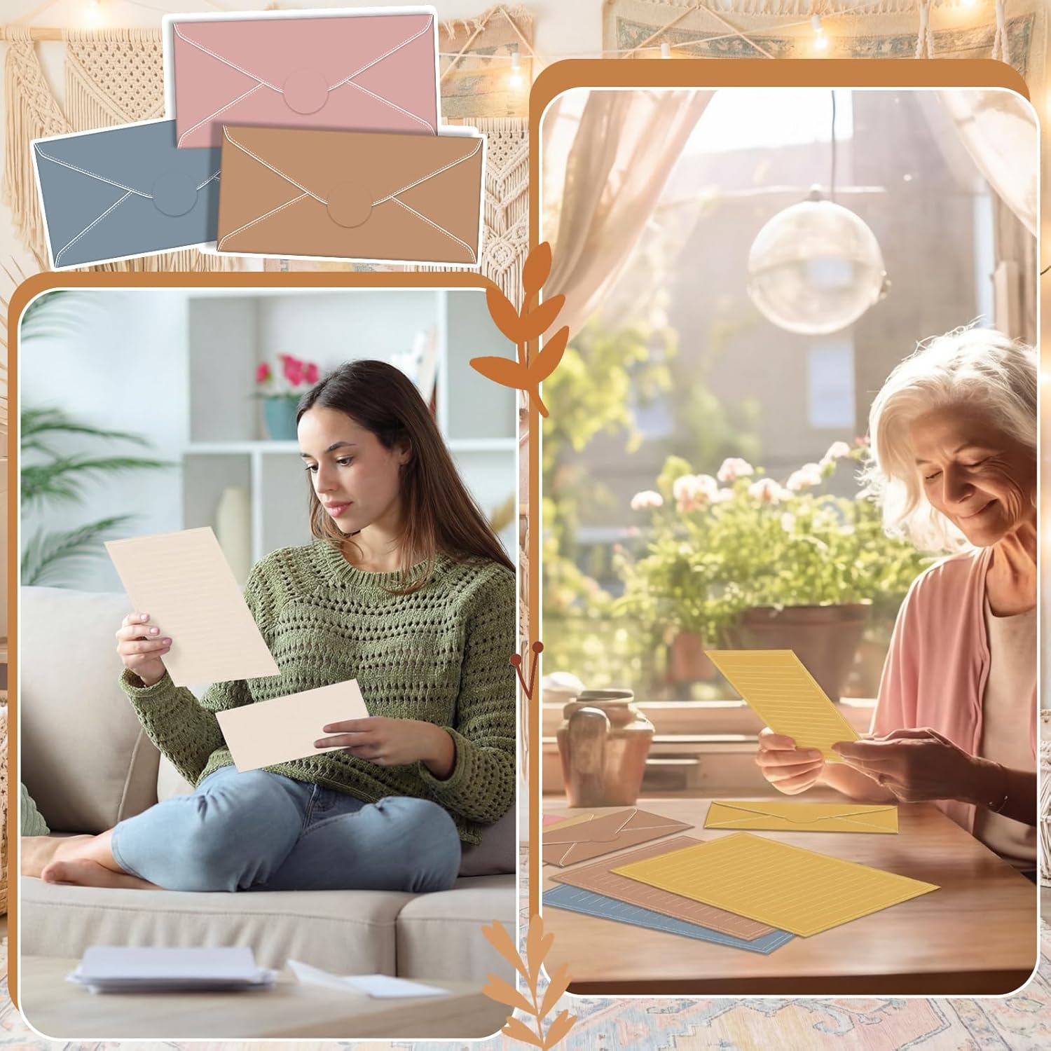 TaoBary 160 Packs Stationery Paper Set (50 Double Sided Stationery Writing Papers 50 Matching Envelopes) 60 Round Dot Sticker, 10 Design(11 x 8.5 Inch,Boho Color)