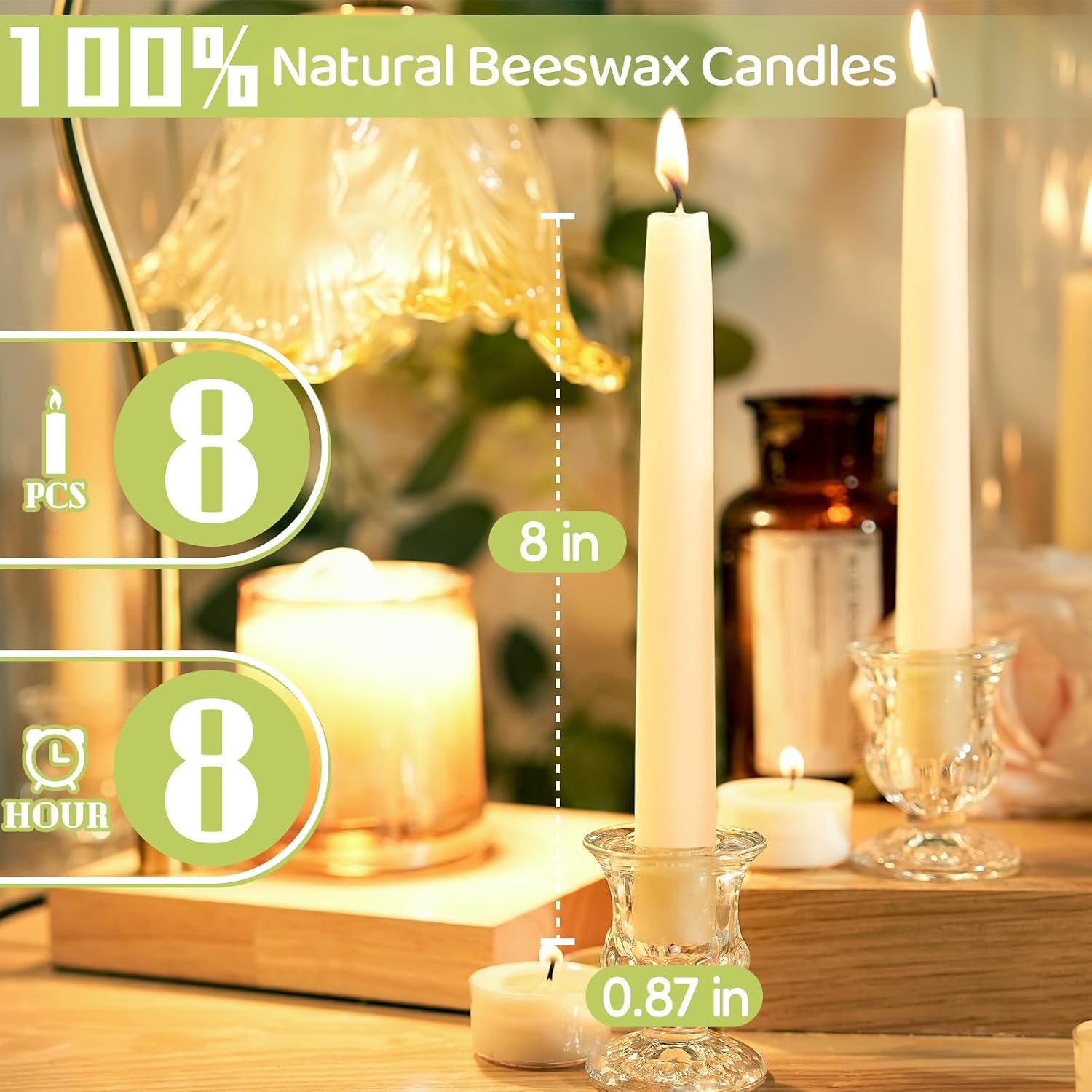 White Beeswax Taper Candles,10 Inch,12 Pack, Non-Toxic, Up to 8 Hours