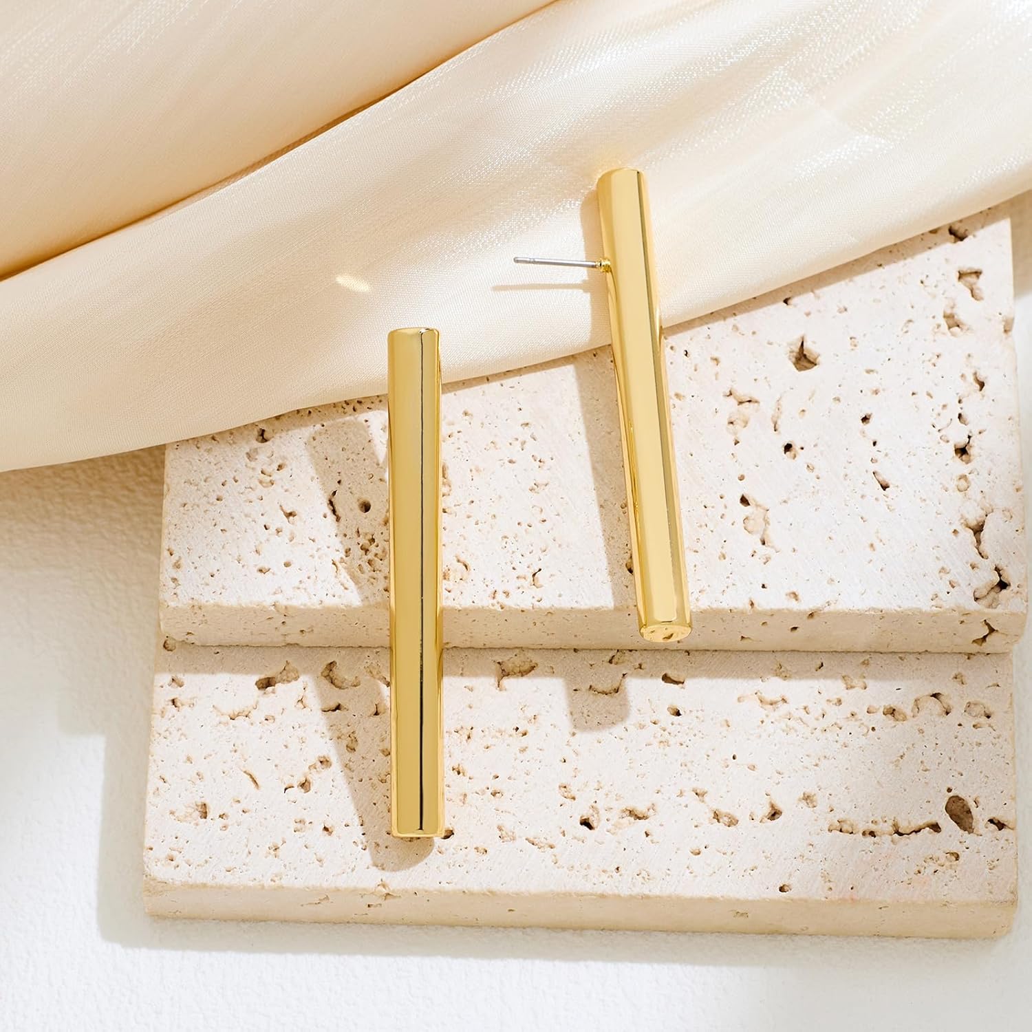 FAMARINE Bar Earrings for Women Minimalist 14K Gold Plated Long Vertical Bars Drop Earring Tube Jewelry - Image 5