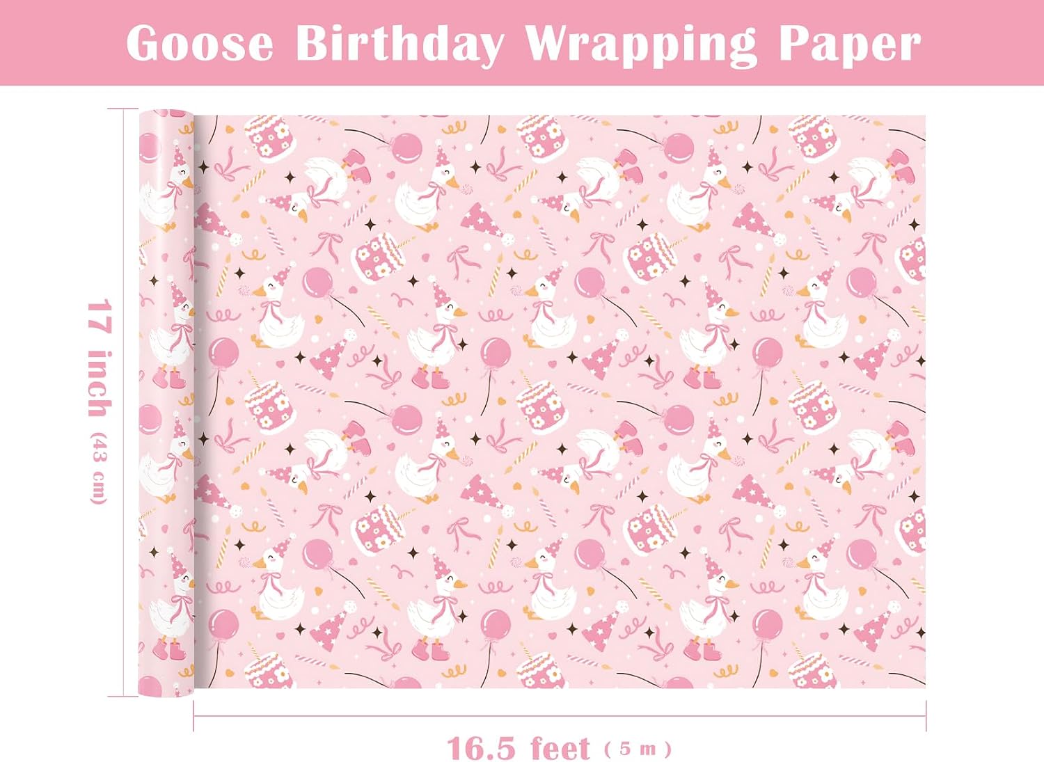 WRAPAHOLIC Silly Gooses Birthday Wrapping Paper Roll - Mini Roll - 17 Inch x 16.5 Feet - Pink Party Goose Coquette Gift Wrap Paper Perfect for Girls Birthday, Baby Shower