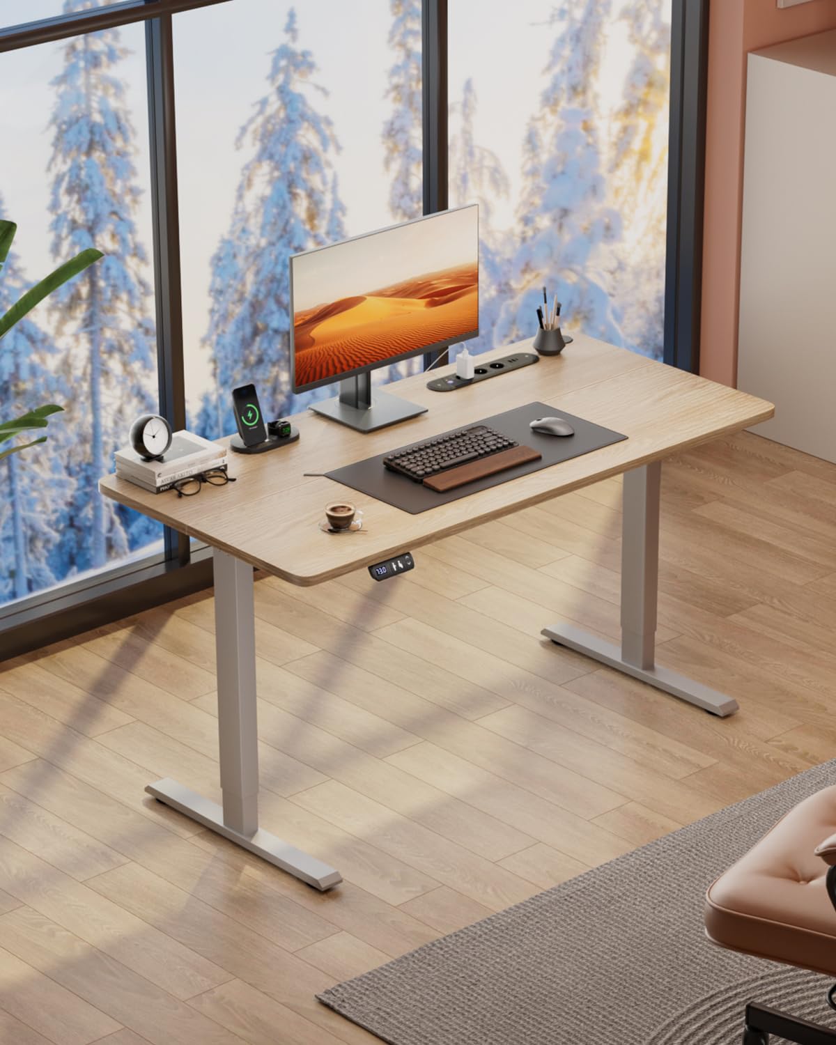 HLONONE Höhenverstellbarer Schreibtisch mit USB-Ladeanschluss und Steckdose, 120 × 60 cm Elektrischer Schreibtisch, Verstellbarer Computertisch mit 2-Funktions-Memory, Ahorn