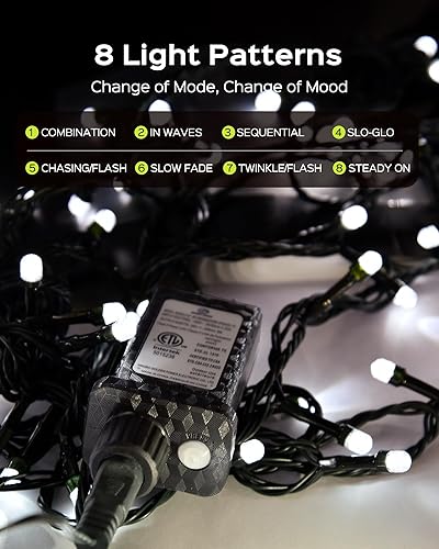 Miniatura 4 de JACKYLED Tira de luces para exteriores impermeables, 178 pies, 500 luces LED enchufables de Navidad con 8 modos, guirnalda de luces para árbol de