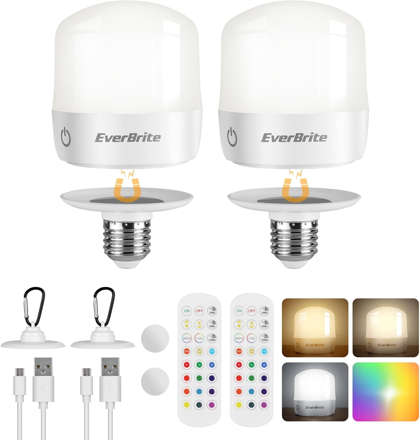 EverBrite E26 Rechargeable Light Bulbs with Remote & Touch Control, Battery Backup Bulb for Sconces and Lamps, Dimmable Detachable LED Camping Bulbs with 12 RGB Colors & 3 Color Temperatures, 2 Pack