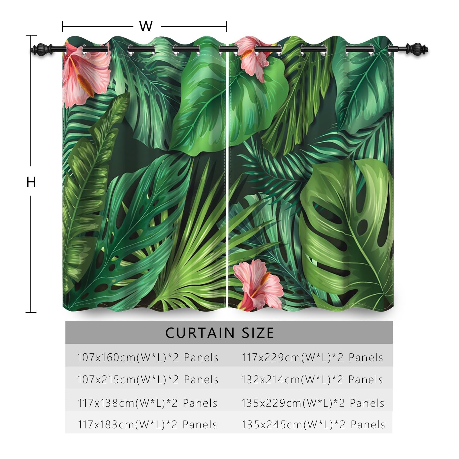 107x160cm Rideaux à œillets Feuilles Tropicales Feuilles de Palmier Vertes Fleur Rose Impression Rideaux isolants Thermiques occultants pour Chambre Salon Salle à Manger,2 Panneau