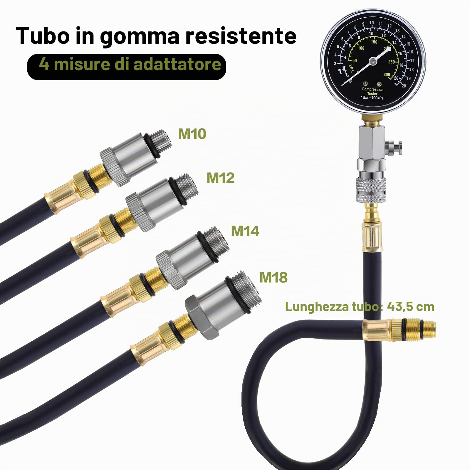 Tester di compressione per cilindri, tester di compressione per motori a benzina, auto e moto kit tester di compressione strumento diagnostico