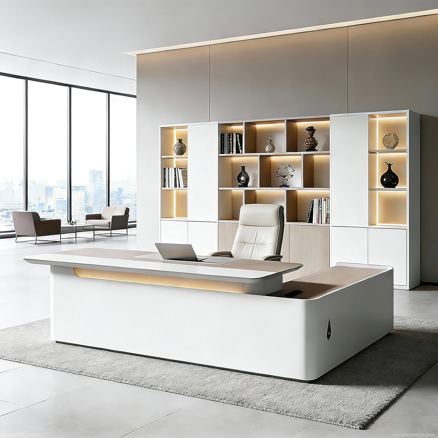 94" L-Shaped Executive Desk with Built-in Charging Station, Locking Drawer, Storage Cabinet & Cable Management, 2" Thick Top, Gray & Woodgrain, Left Return