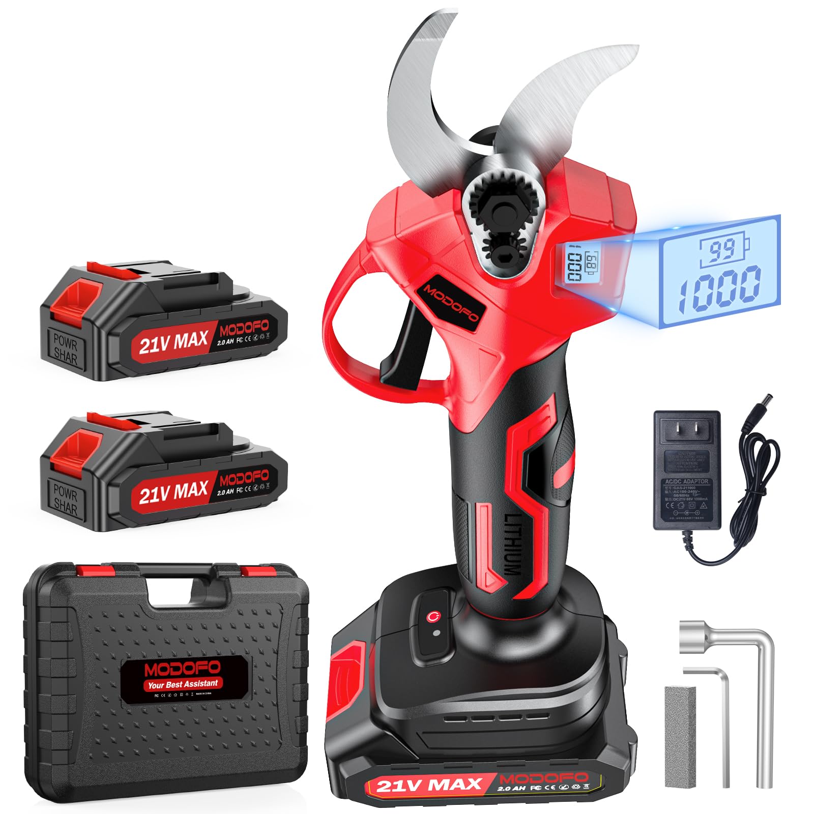 MODOFO Electric Pruning Shears,1.4" Cutting Diameter Cordless Power Pruner with LCD Display, Brushless Motor Pruning Shears with 2000mAh*2 Rechargeable Batteries for Garden Tree Pruner Branch