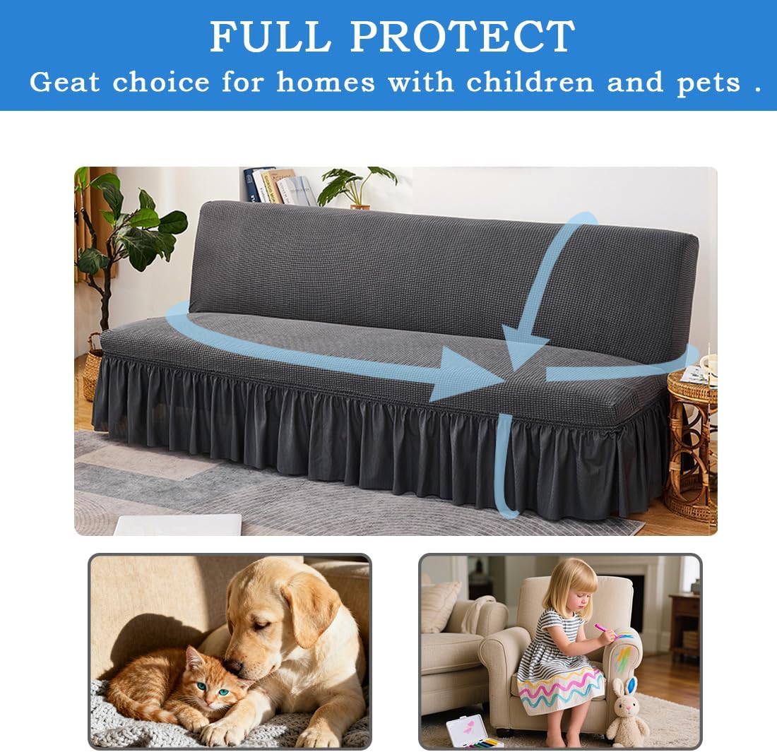 Futon Cover Slipcover Removable Armless Sofa Bed Slipcovers Full Size with Skirt Ruffled Knitted Futon Sofa Cover Furniture Bed Protector with Elastic Bottom S Dark Gray