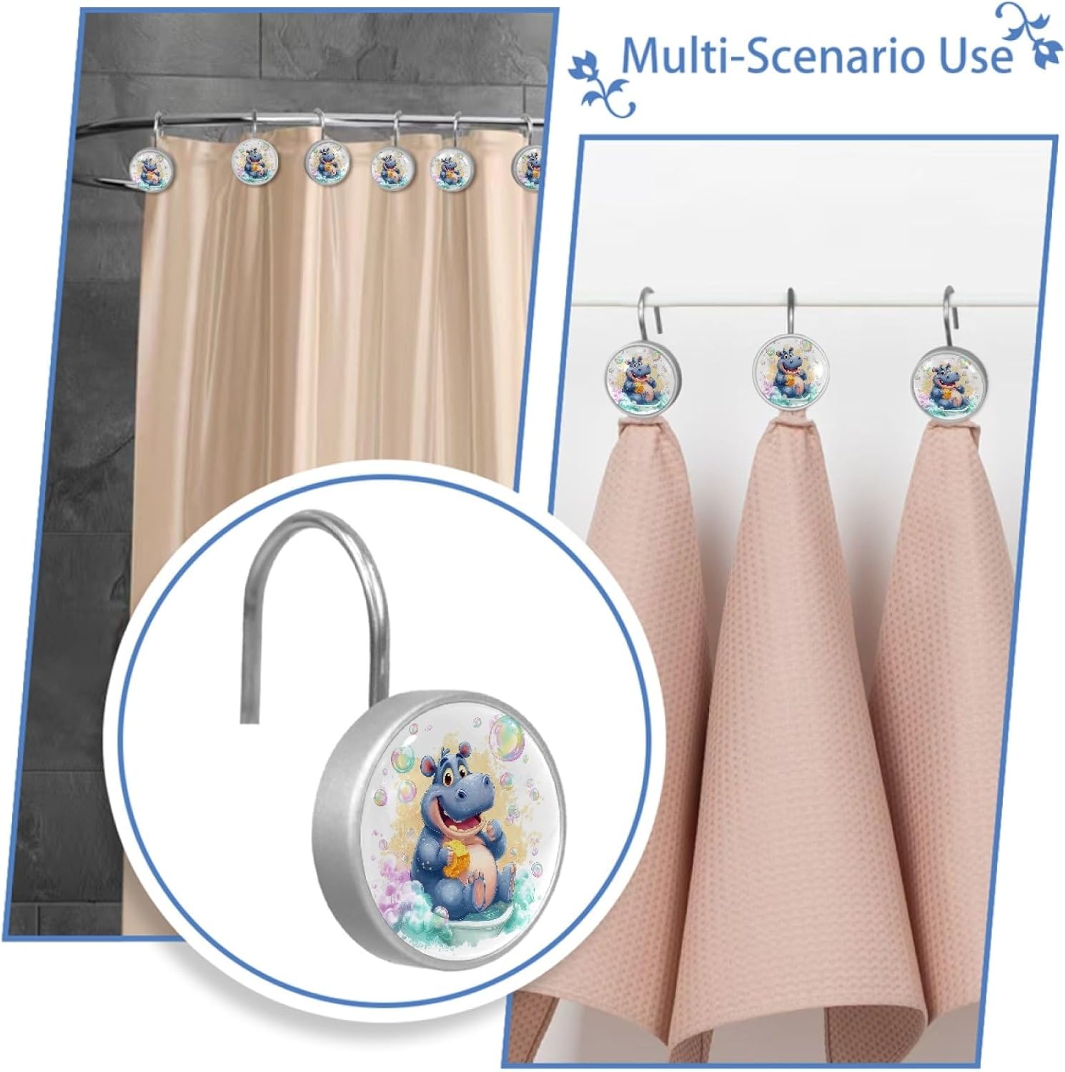 12 Packs Funny Hippopotamus Shower Curtain Hooks, Stainless Steel Glass Shower Curtain Rings for Bathroom Decor, Metal Rustproof Curtain Rod Hooks