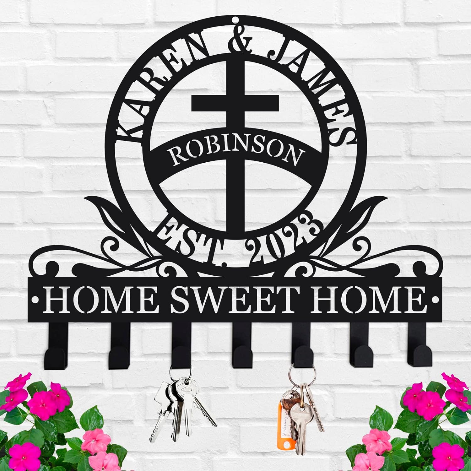 HRZSIGNFC Personalized Metal Cross Key Holder for Wall