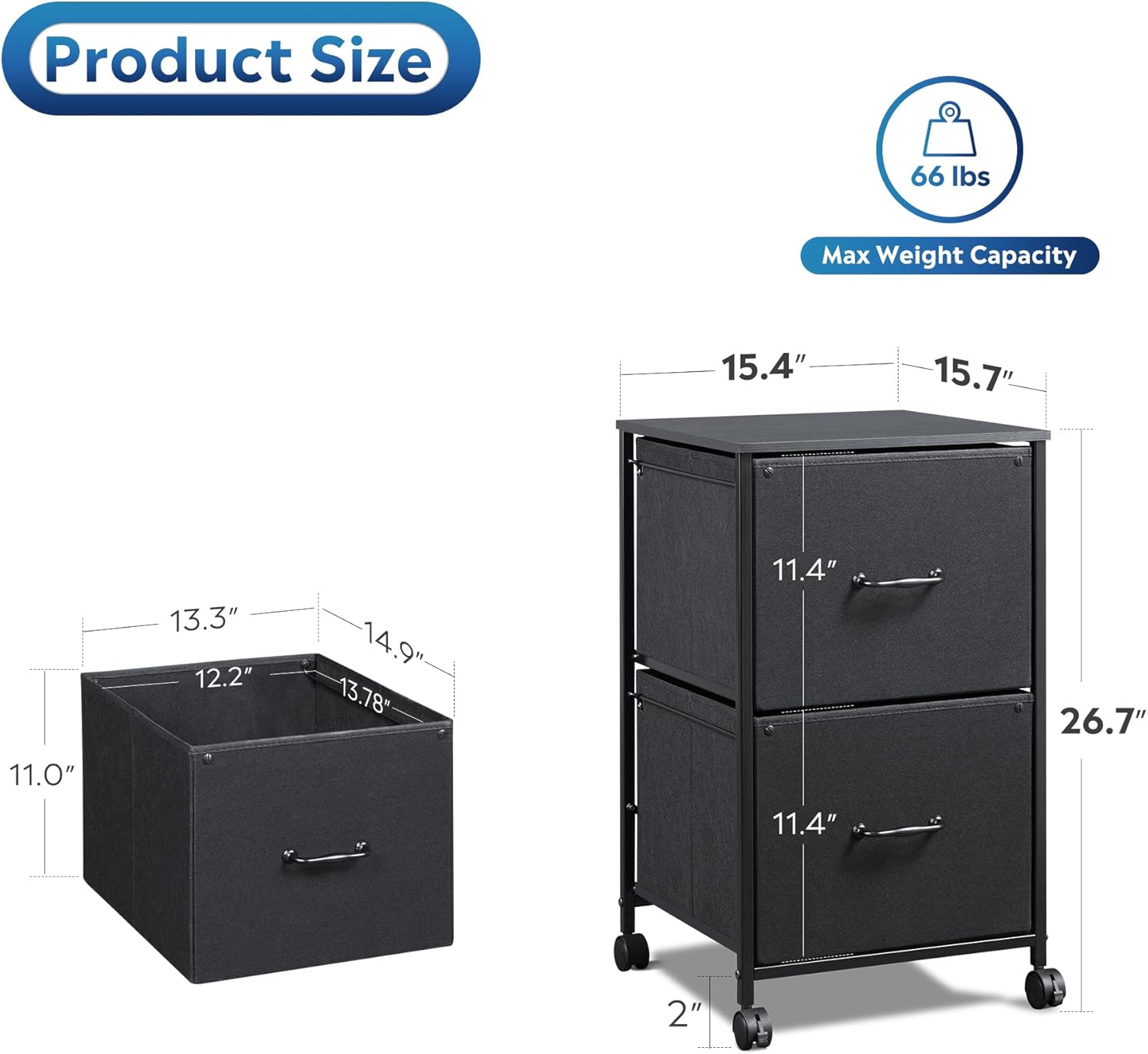 Diagram showing the dimensions of the GALAXHERO 2-Drawer Mobile Filing Cabinet and its individual drawers.